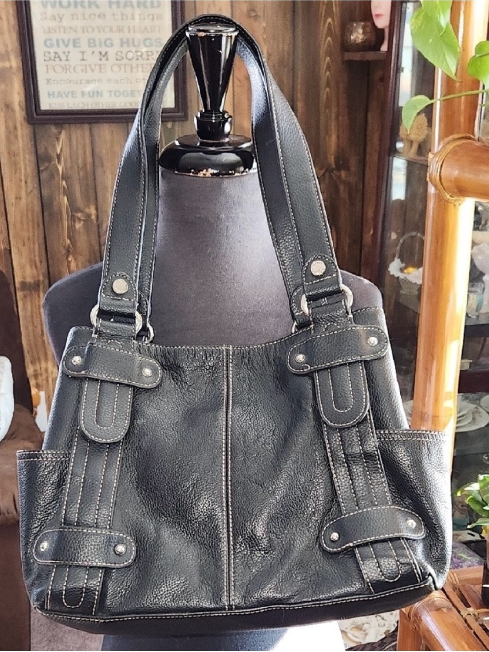 Black Leather Tignanello purse with detailed stitching